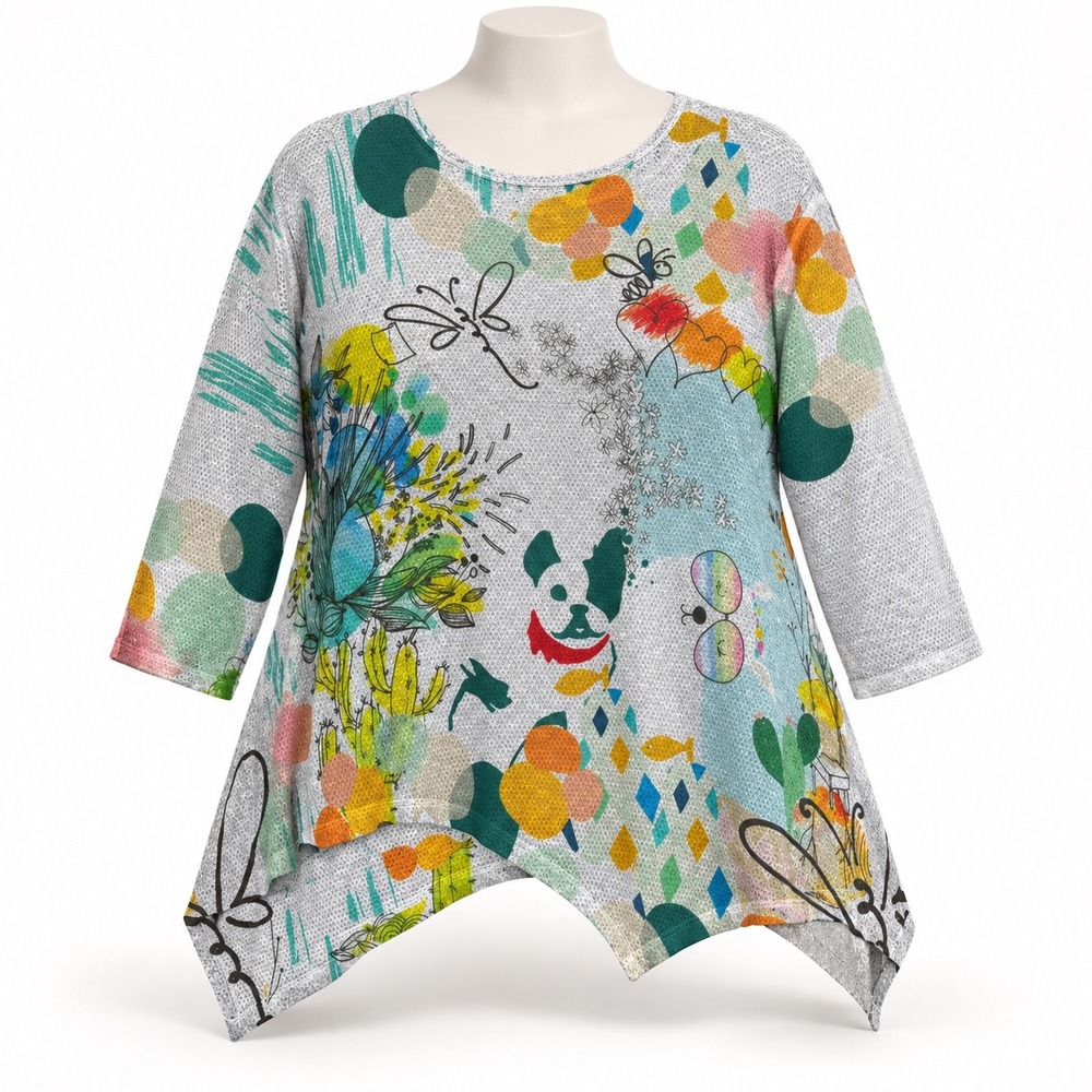 Atelier 5 Tunic Sweater Womens 2X Gray Multicolor Lagenlook Art Frenchie Cactus